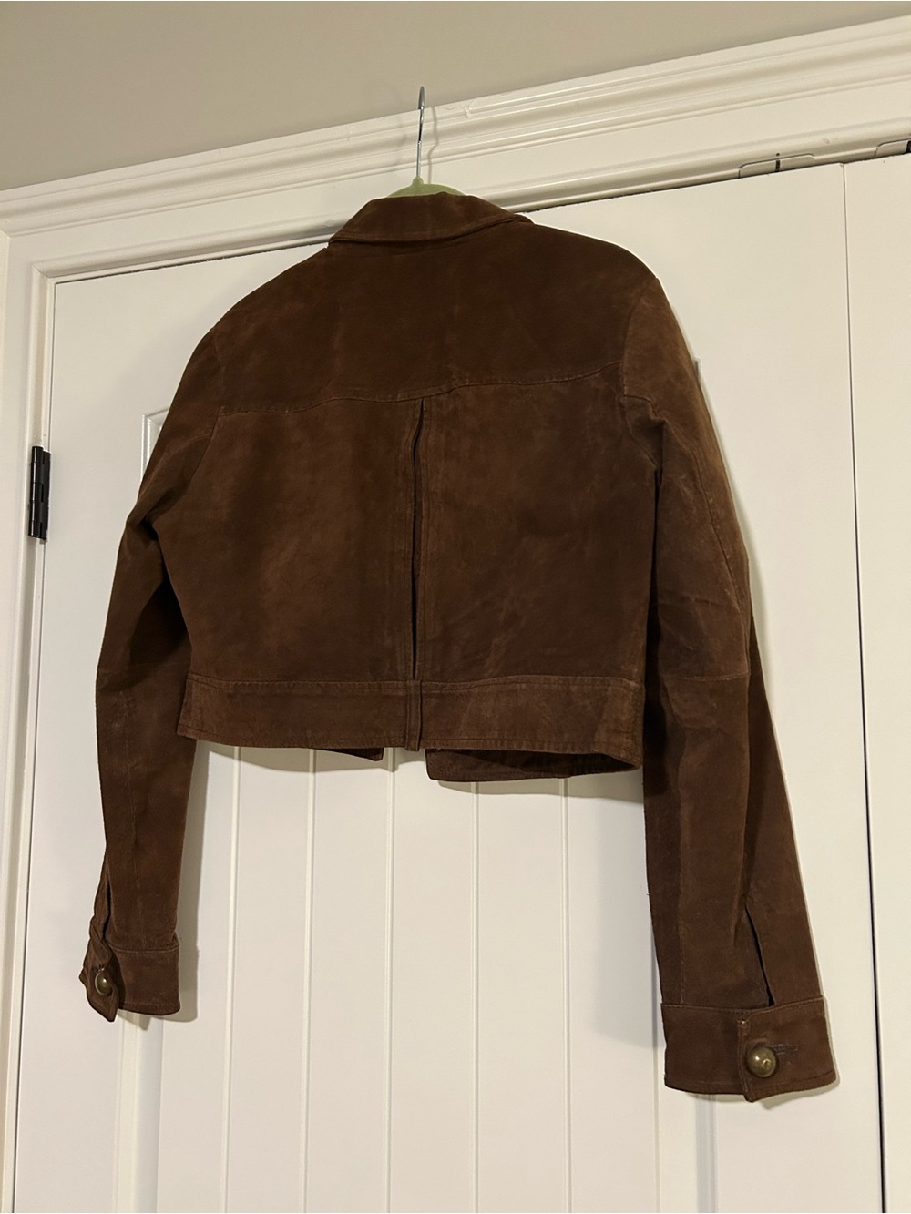 Brown Suede Leather Crop Brass Button Jacket Large - Picture 3 of 7